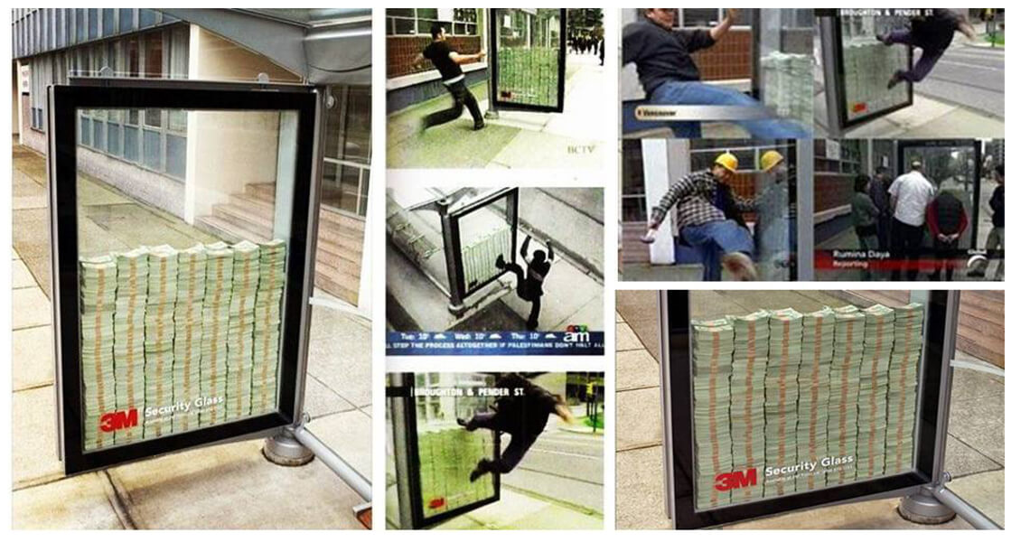 A street ad case filled with dollar bills