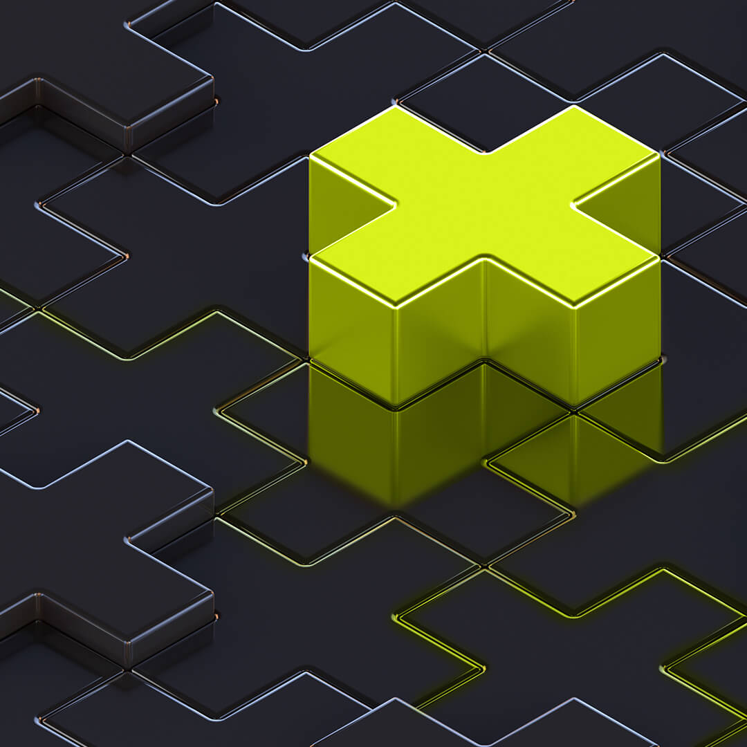 Yellow cross block among darker blocks, representing uniqueness and high-quality content.