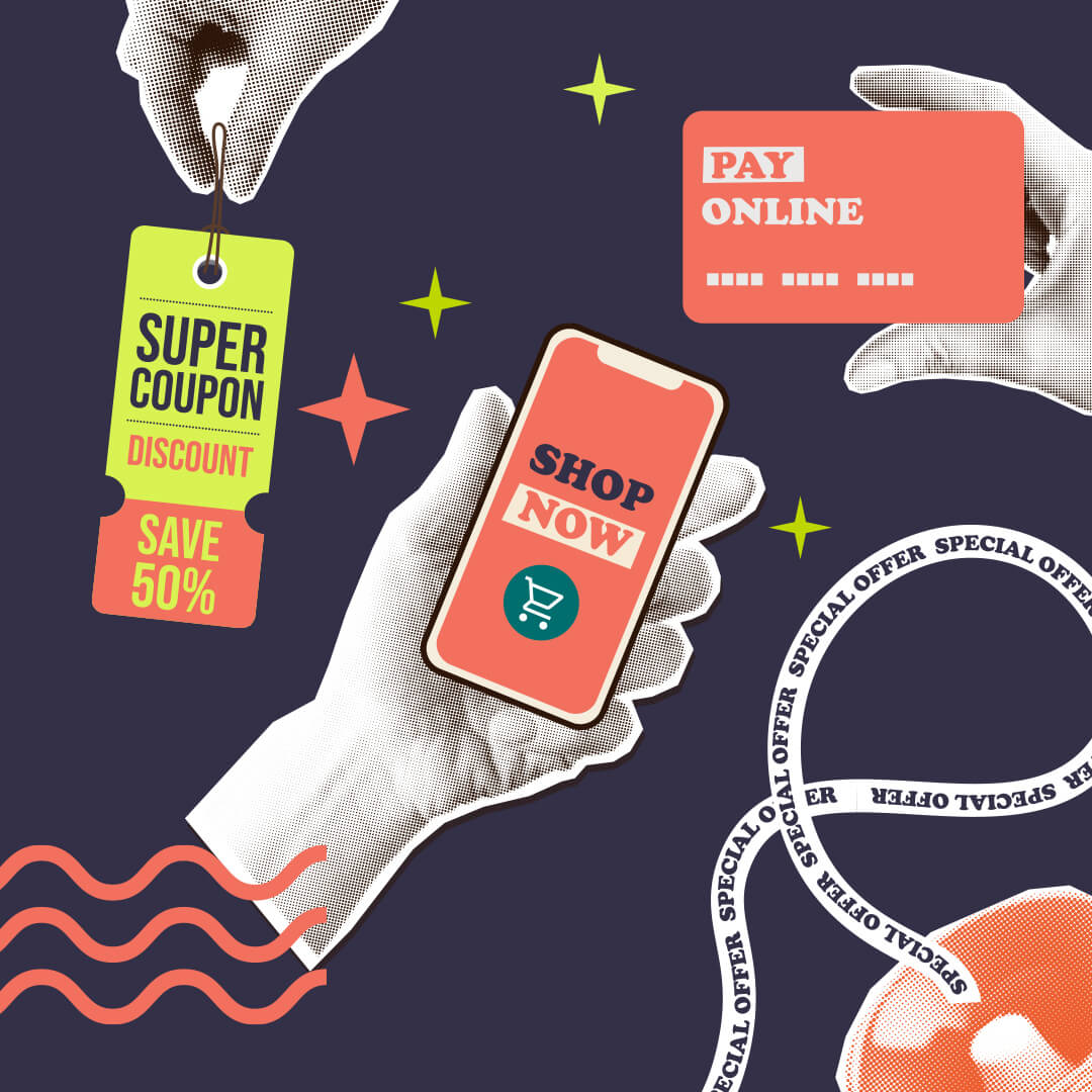 Hands holding a phone, coupon, and payment card, representing online shopping and special offers.